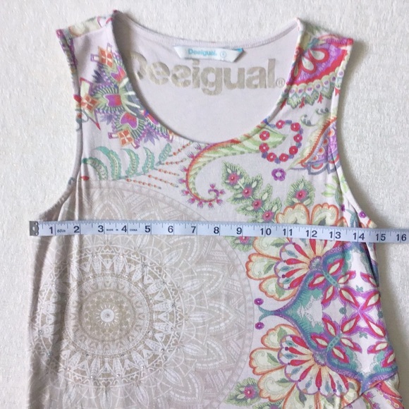 Desigual Sleeveless Top Woman’s Small Colorful Graphic Ruffle Hem Mixed Fabrics - Picture 9 of 11